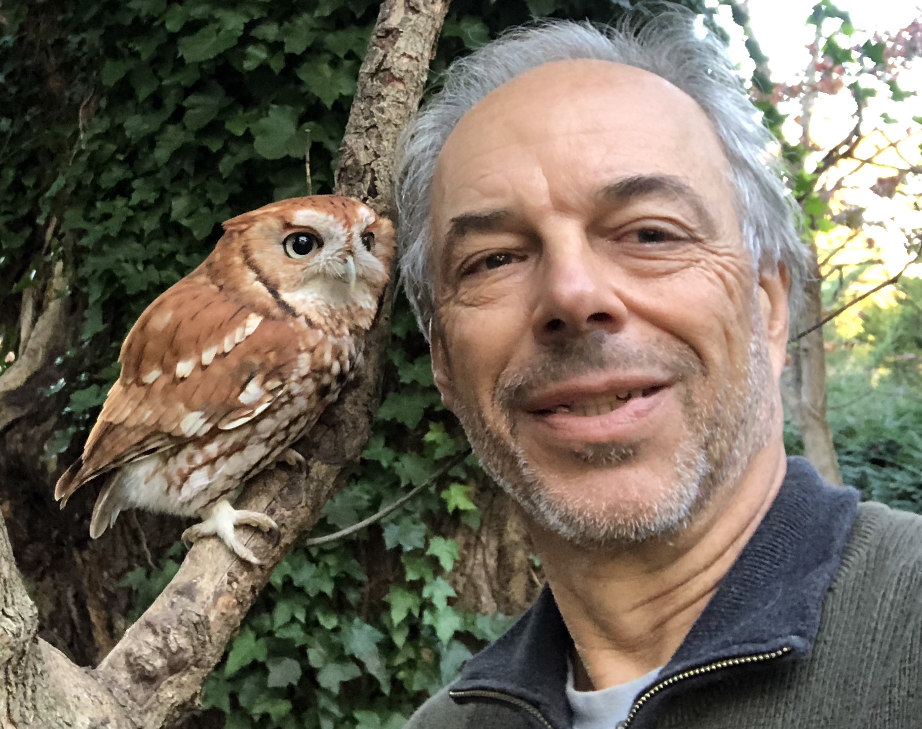 Author and ecologist Carl Safina with Alfie. Safina will discuss his book “Alfie &amp; Me: What Owls Know, What Humans Believe” at the Northport Library on October 27. 